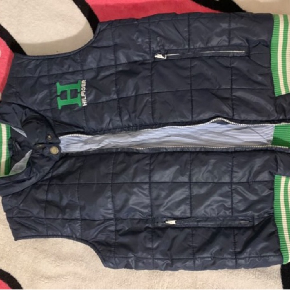 Navy Blue Quilted Vest with Green Accents